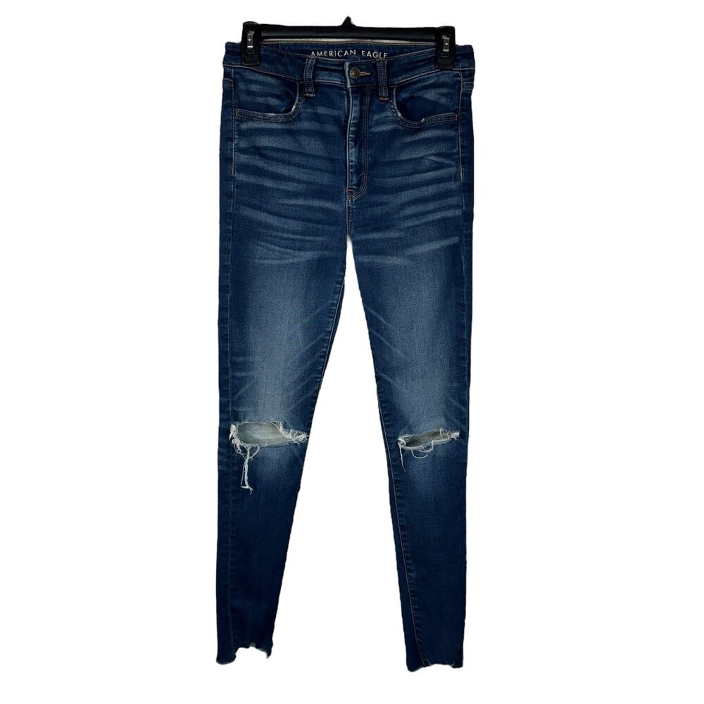 American Eagle SZ 6 Super Hi-Rise Jeggings Jeans Distressed Stretch Frayed Hems